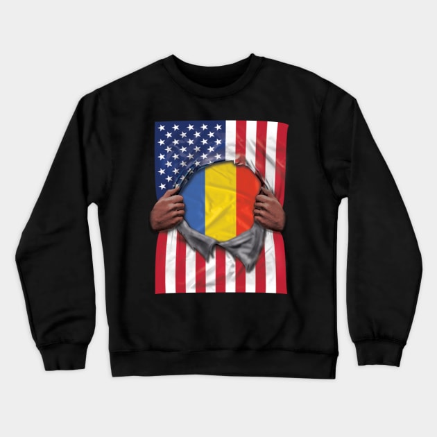 Romania Flag American Flag Ripped - Gift for Romanian From Romania Crewneck Sweatshirt by Country Flags